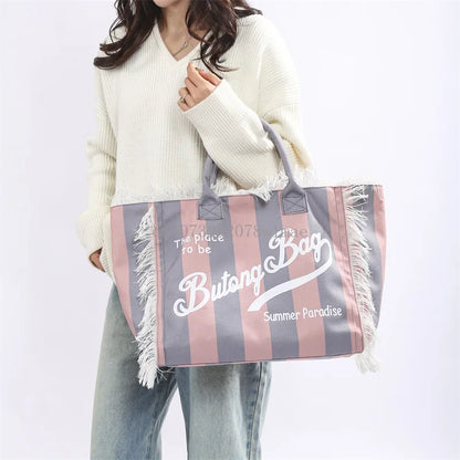 European and American Letters Tassel Canvas Bag Arge Capacity Handbags Travel Women Beach Tote Bag Fashion Casual Shopping Bags
