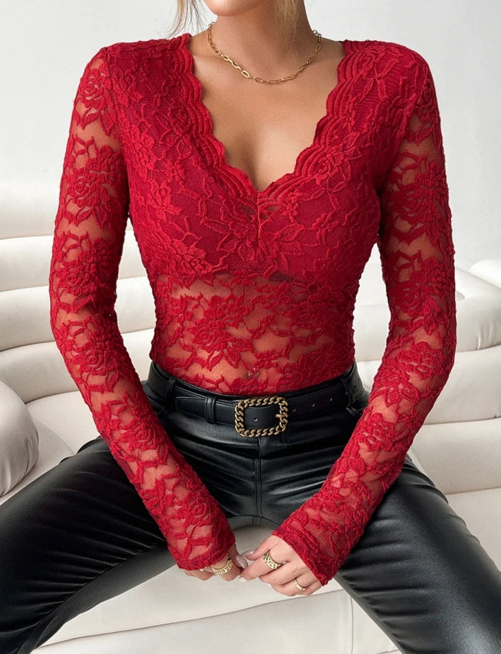 Blouse for Women Slim Deep V Neck T-Shirt 2025 Sexy Scallop Trim Lace Patchwork Glitter Flower Embroidery See-Through Shirt G