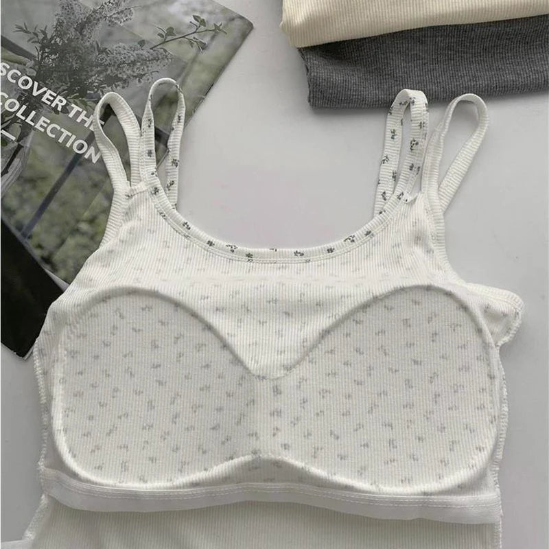 Women Sweet Patchwork Floral Printing Tank Tops With Bra Pad Sexy Off Shoulder Spaghetti Strapy Top Summer Worn Outside Camisole