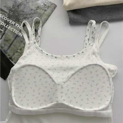 Women Sweet Patchwork Floral Printing Tank Tops With Bra Pad Sexy Off Shoulder Spaghetti Strapy Top Summer Worn Outside Camisole