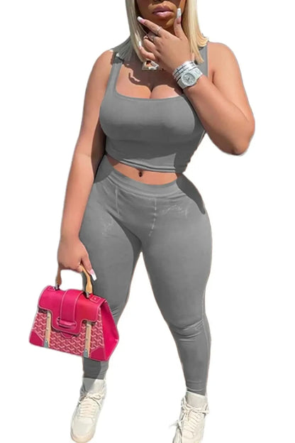 Lounge Wear Ribbed Casual 2 Piece Summer Shorts Set For Women Sleeve Top+Elastic Leggings Outfits GRAY