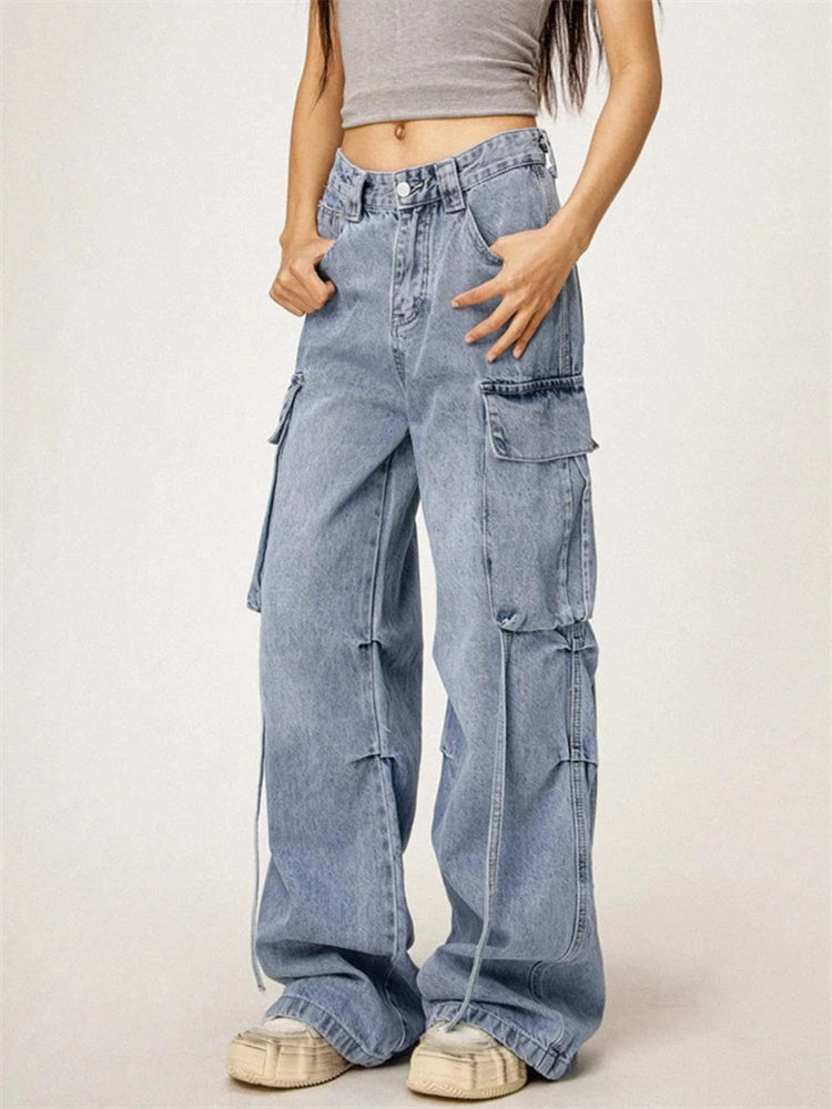Women's Washed Blue Large Pocket Jeans Cool Girl High Waisted Fashion Loose Pants Female Straight Retro Denim Trousers