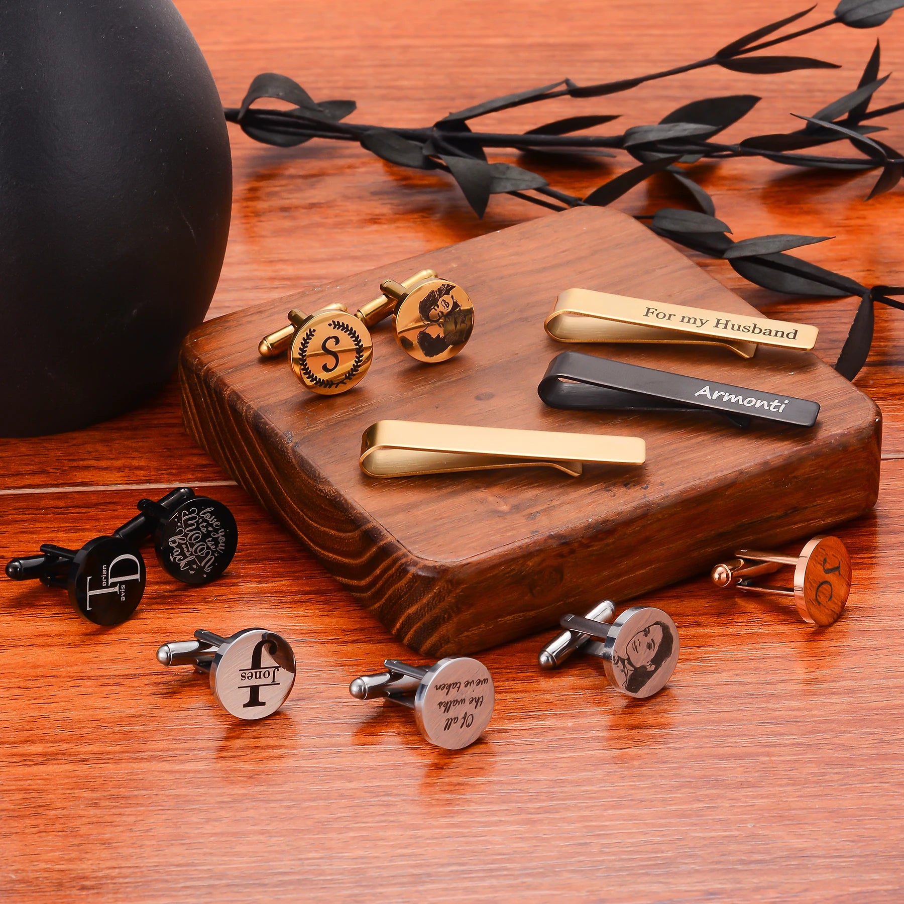 Custom Engraved Round Cufflinks & Tie Clip Set Stainless Steel Anniversary Wedding Birthday Groomsmen Gift for Father Husband Badiee Stylez