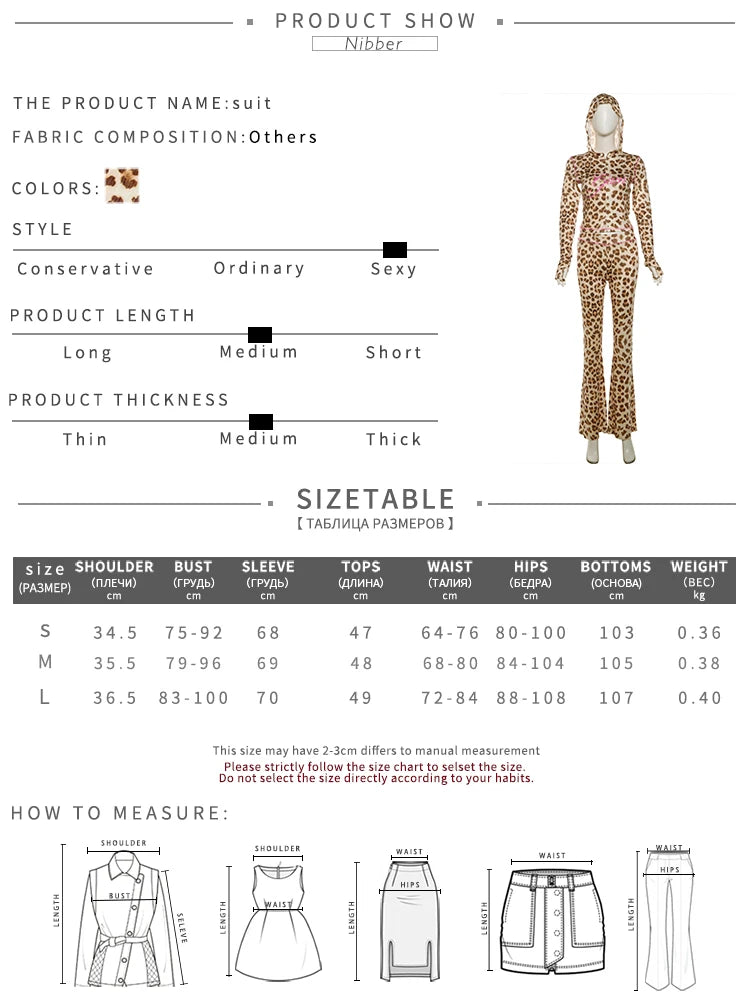 Nibber Leopard Print 2 Piece Set Women's Autumn Tracksuit Athleisure Hooded Crop Jacket + Flared Pants Stretch Matching Suit