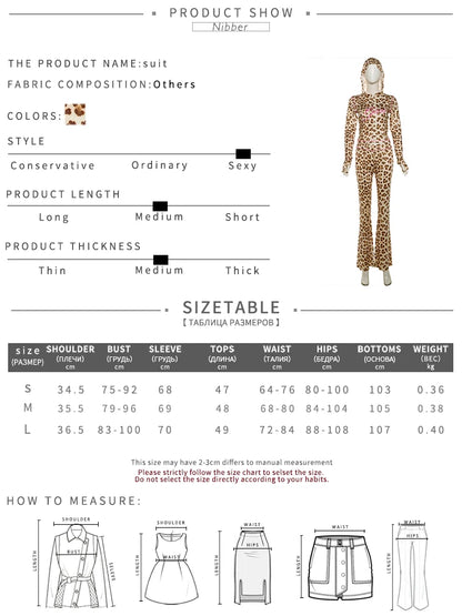 Nibber Leopard Print 2 Piece Set Women's Autumn Tracksuit Athleisure Hooded Crop Jacket + Flared Pants Stretch Matching Suit