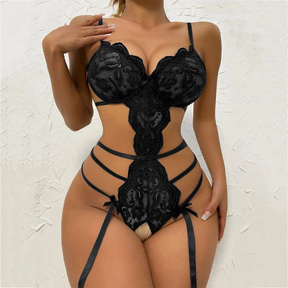 Exotic Lingerie Sexy Floral Lace Underwear Erotic Open Crotch Babydoll Plus Size Women Porn Bra Set Bowknot Pajamas Nightwear