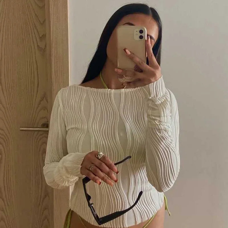 Woman Fashion Casual Ruched Long Sleeve T-shirt Blouses Female White Skinny Cropped Bottoming Shirt 2024 Autumn Y2K Top Clothes