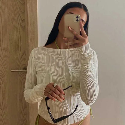 Woman Fashion Casual Ruched Long Sleeve T-shirt Blouses Female White Skinny Cropped Bottoming Shirt 2024 Autumn Y2K Top Clothes