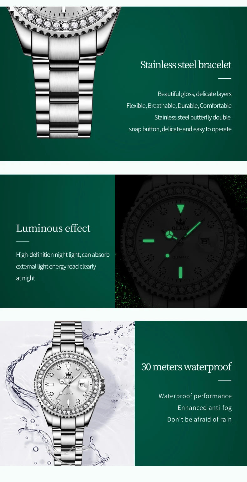 OLEVS Original Diamond Dial Quartz Watch for Women Fashion Elegant Ladies Watches Stainless Steel Waterproof Women's Wristwatch