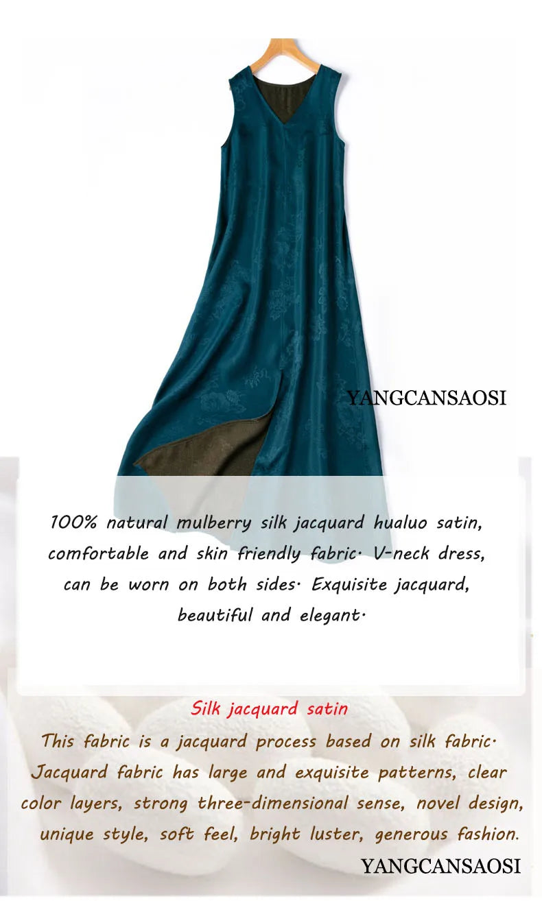 2025 Women's Summer New Luxury 100% Natural Mulberry Silk Jacquard Satin V-neck Split Double Sided Sleeveless Vest Dress Badiee Stylez