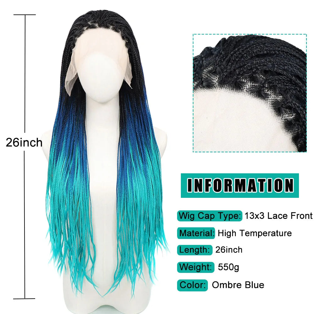 Ombre Blue Box Braided Wigs for Women 26inch Knotless Goddess Box Braid Lace Front Wig Colored Crochet Braid Synthetic Wig