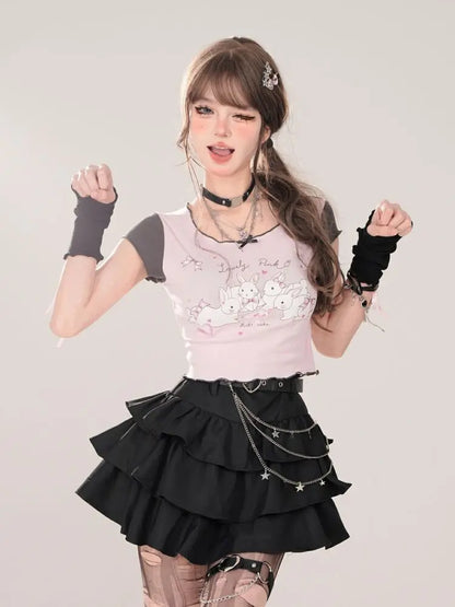 Women Black Gothic A-line Cake Skirt Vintage Y2k Skirt Aesthetic Harajuku Korean Elegant Kawaii Emo Skirts 2000s Trashy Clothes