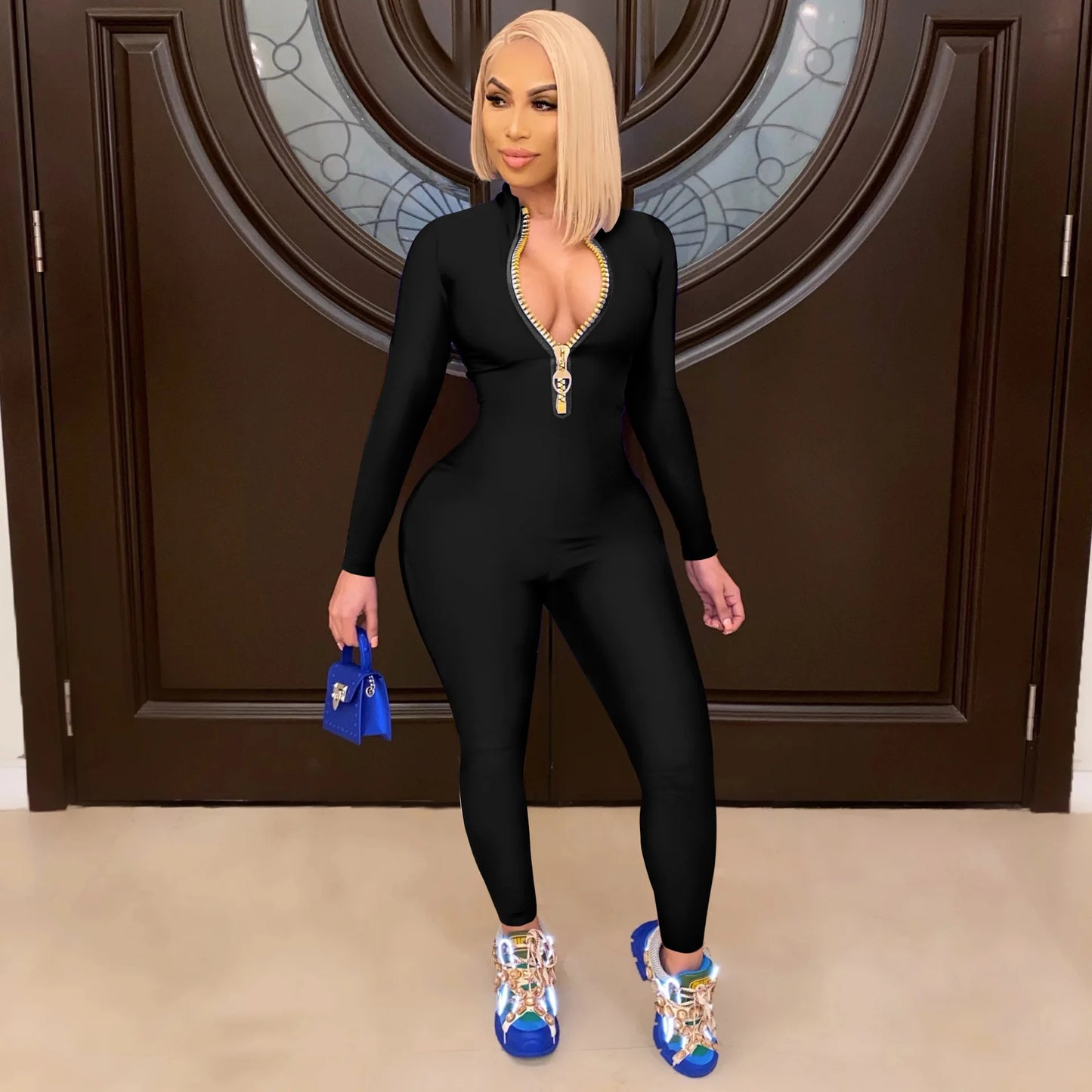 Women's Bodycon One-piece Jumpsuit Long Sleeved Big Zipper Female Casual Sport Workout Skinny Activity Wear Overalls Tops Badiee Stylez