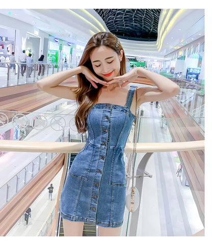 Denim Dress Summer Spaghetti Strap Sundress Vintage Casual Solid Retro Chic Sexy Jeans Button Front Blue Party Dress Women 2022