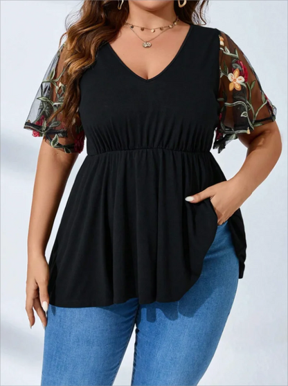 Plus Size Europe and The United States New Women's V-neck Casual Mesh T-shirt KD2312292-hei