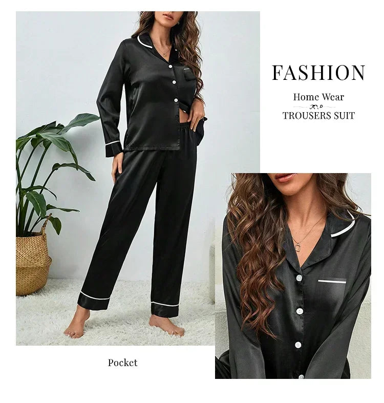 Spring Autumn Silk Pajamas Set for Women Casual Soft Nightwear Long Shirt Tops and Long Pants Cardigan Sleepwear Homewear