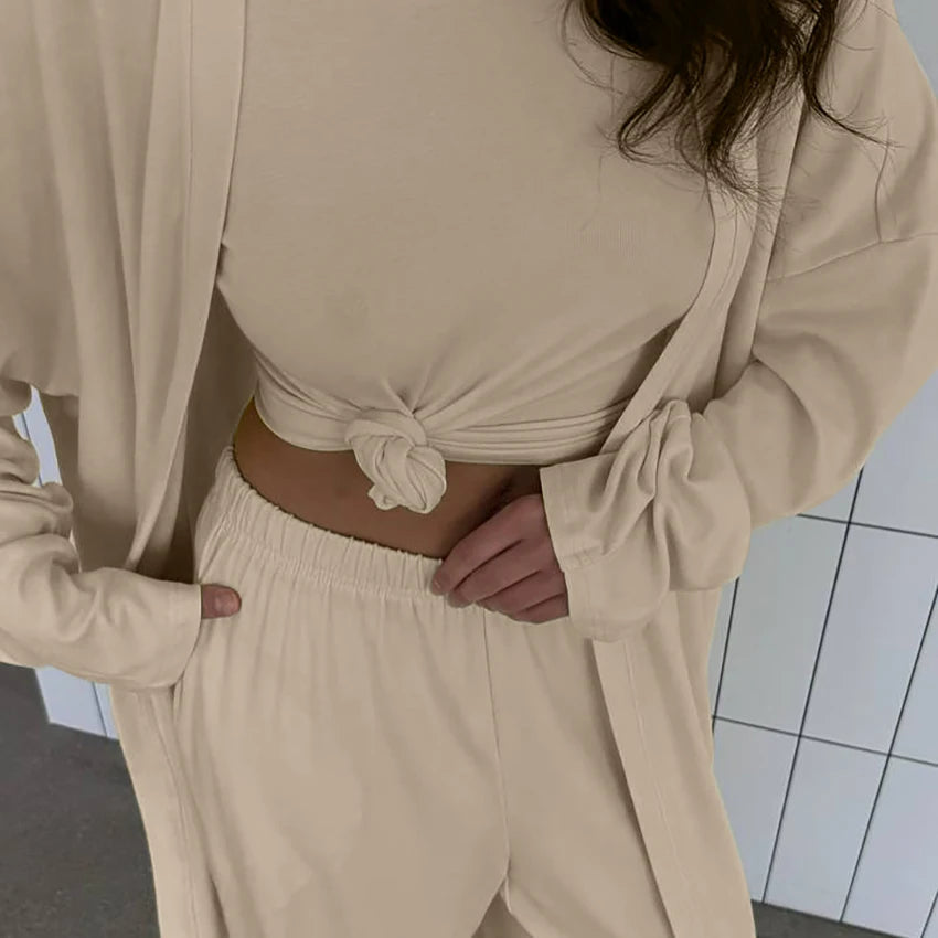 Hiloc Elegant Knit 3 Piece Sets Summer Casual Loose Sleepwear Street Chic Elastic Waist Pants Fashion Long Sleeve Shirts 2025