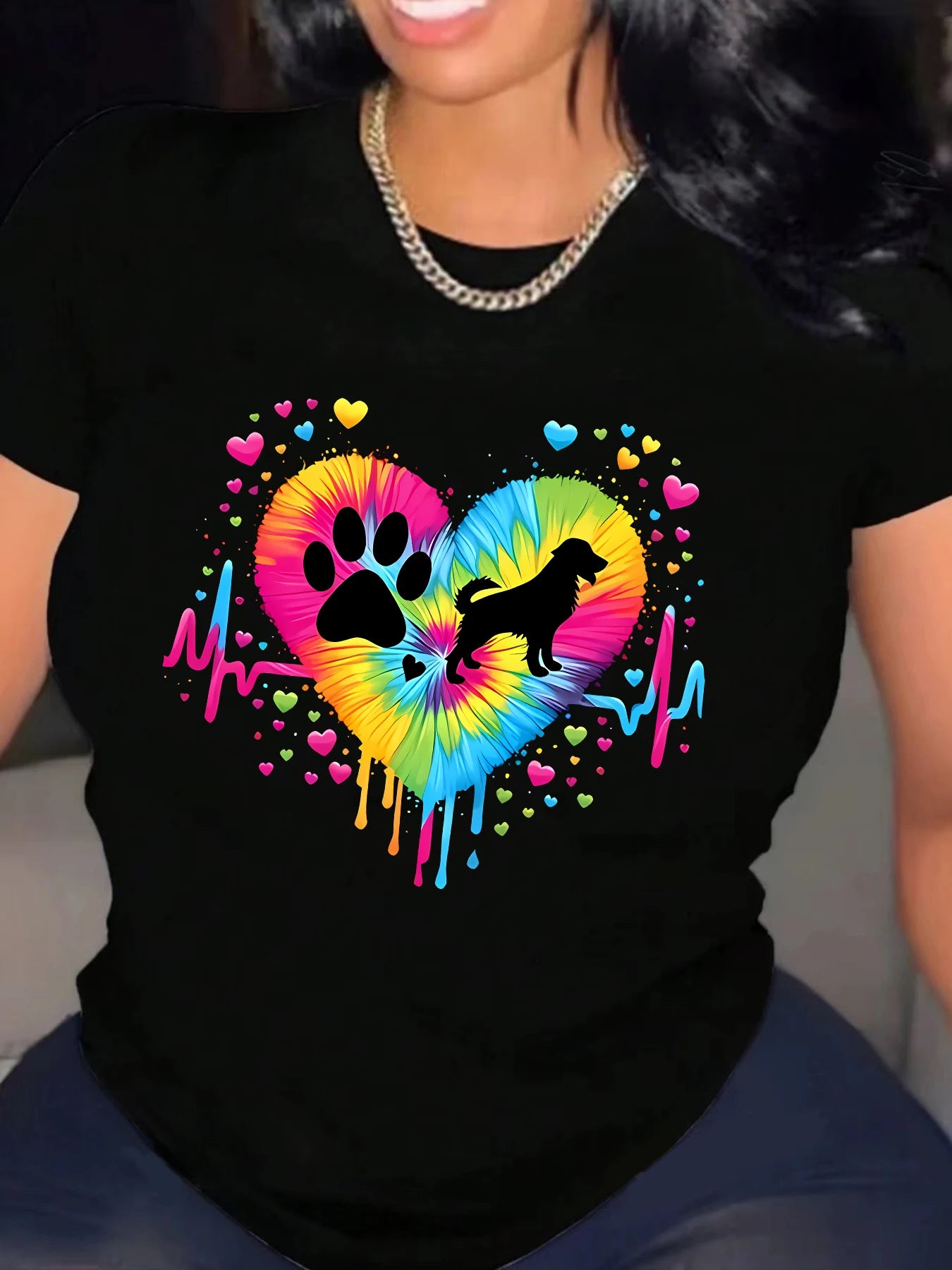 Love electrocardiogram Plus size women's round neck short sleeve T-shirt with elastic half sleeves and trendy prints black