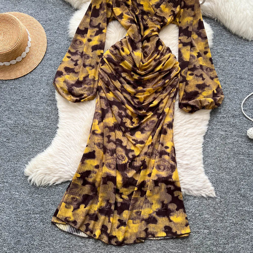 Chic vintage long sleeve Criss-Cross print pleated Elegant Fairy korean fashion dress women clothing Long dress