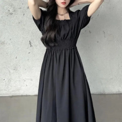 Summer Women Dress Pleated Shirring Square Neck Short Sleeve Bubble Sleeve Ladies Dress Solid Color Loose Hem Midi Dress