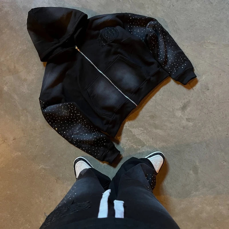 Autumn and winter European loose rhinestone decal retro zipper hoodie y2k Harajuku casual solid color sports design street hoodi