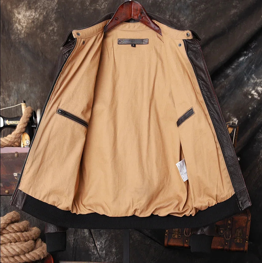 Bomber A2 Pilot Genuine Leather Jacket Men Warm 100% Cow Leather Air Force Coat Dark Brown Men's Cowhide Motorcycle Jackets