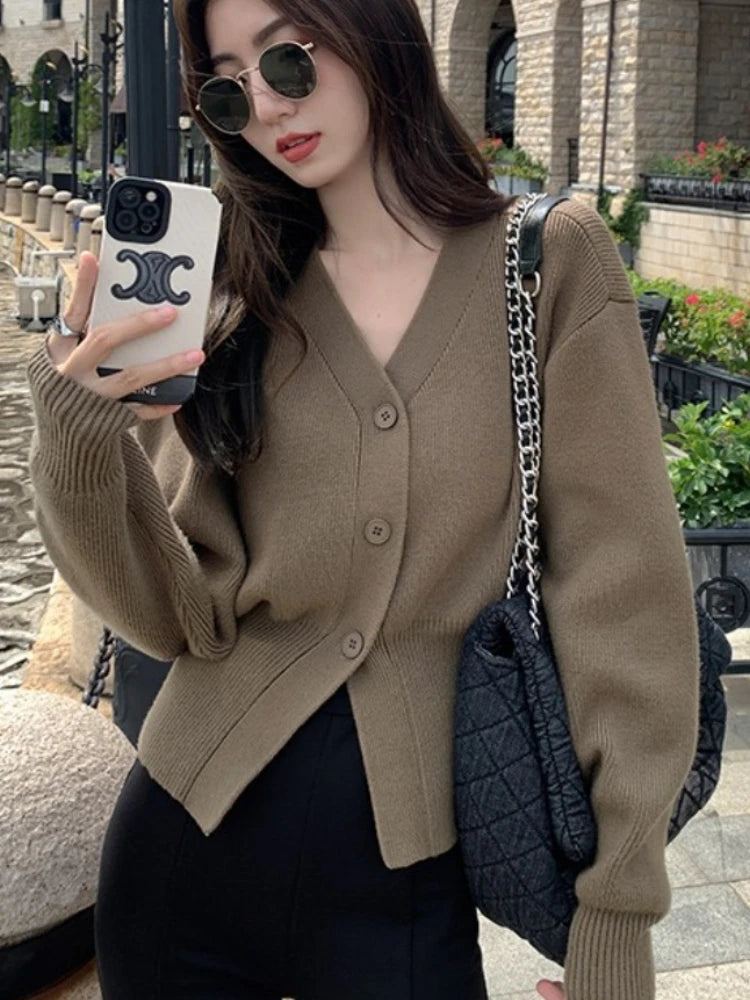 AOSSVIAO Knitted Casual Cardigan 2025 Autumn Winter Elegance Solid Color V-neck Sweater Unique and Niche Slim Fit Tops Badiee Stylez
