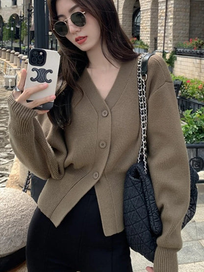 AOSSVIAO Knitted Casual Cardigan 2025 Autumn Winter Elegance Solid Color V-neck Sweater Unique and Niche Slim Fit Tops Badiee Stylez