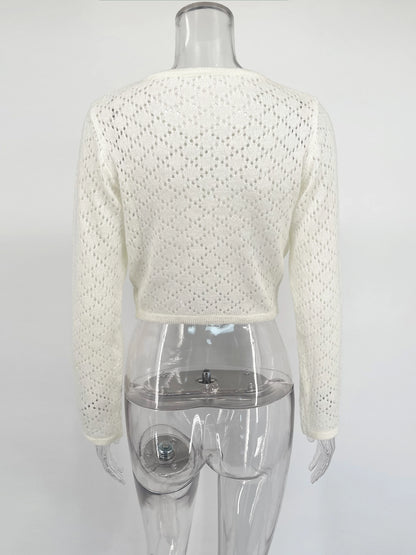 Tossy Summer Knitwear Hollow Out Cardigan Female Long Sleeve Casual Cropped Top Patchwork See-Through Knit Cardigan Outwear 2025