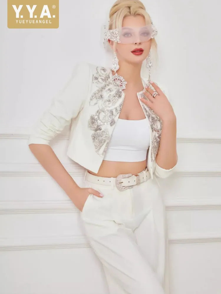 Elegant Office Ladies Designer Handmade Diamonds Slim Fit Short Jacket Hgih Waist Wide Leg Pants Women Two Piece Set Size S-5XL Badiee Stylez