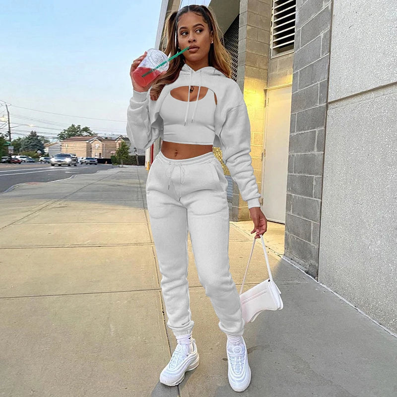 Women 3 Pieces Sets Sweatpants and Hoodie Set Cropped Tops Fleece Pants Suit Tracksuit Fitness Sport Jogger Outfit Clothing Ivory