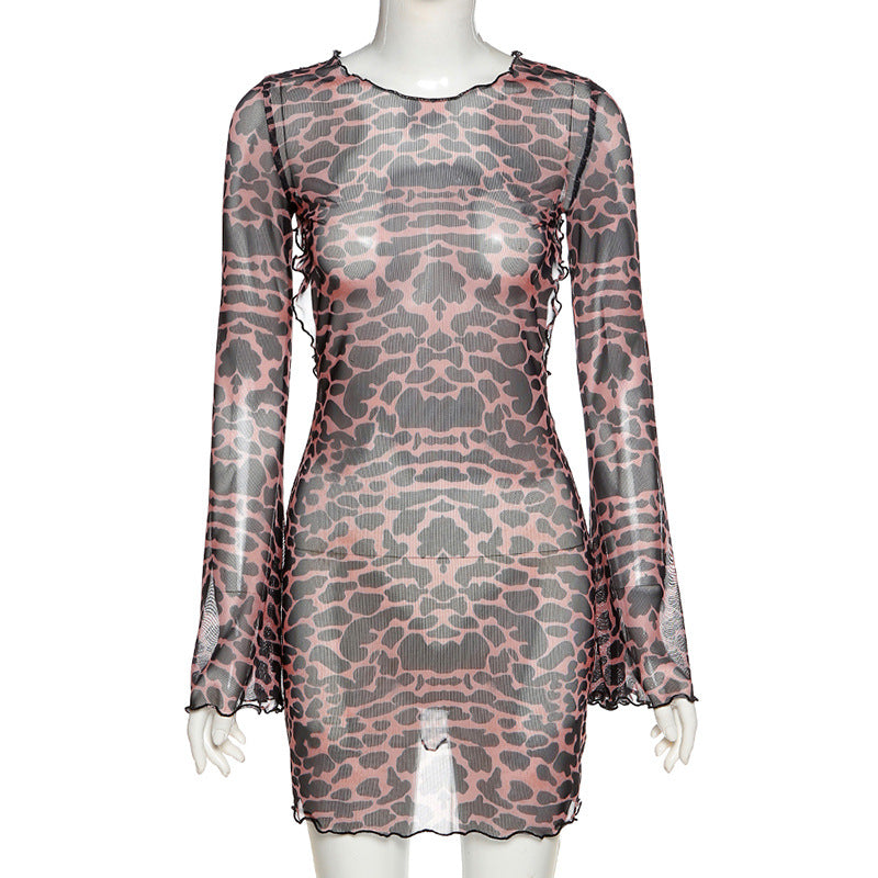 Women Summer Dress Leopard Print Backless See-Through Dress Party Night Clubwear Sexy Flared Sleeves Lace Up Bodycon Mini Dress