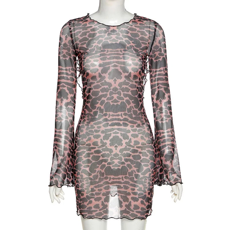 Women Summer Dress Leopard Print Backless See-Through Dress Party Night Clubwear Sexy Flared Sleeves Lace Up Bodycon Mini Dress