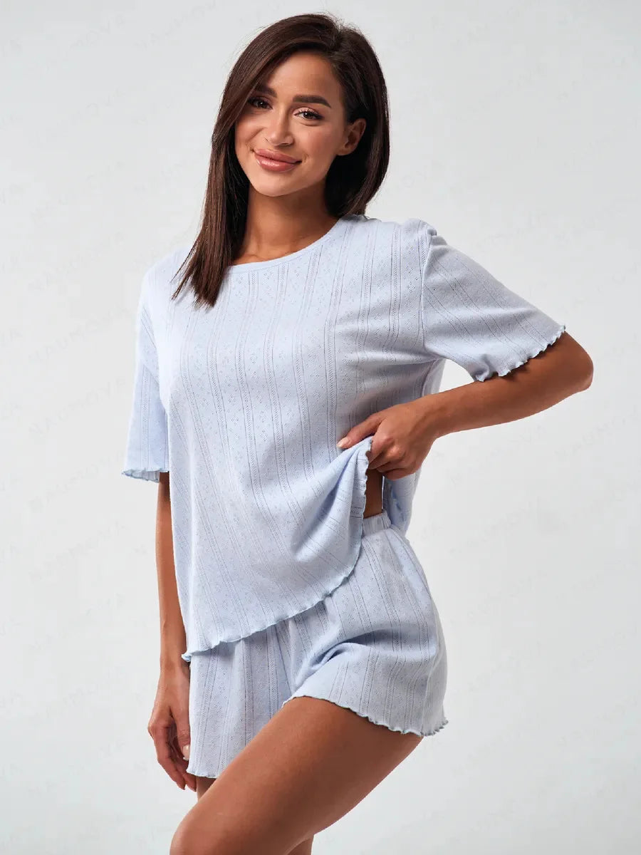 SURI Women's Pajamas Set Summer Short Sleepwear 2 Piece Set For Women Casual Home Round Neck Suit Breathable Knitted Fabric