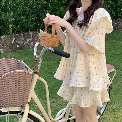 Summer New Women's Princess Style Sweet Pajamas Homewear Set Girls Lace Small Floral Summer Short-Sleeved Shorts Loose Pajamas