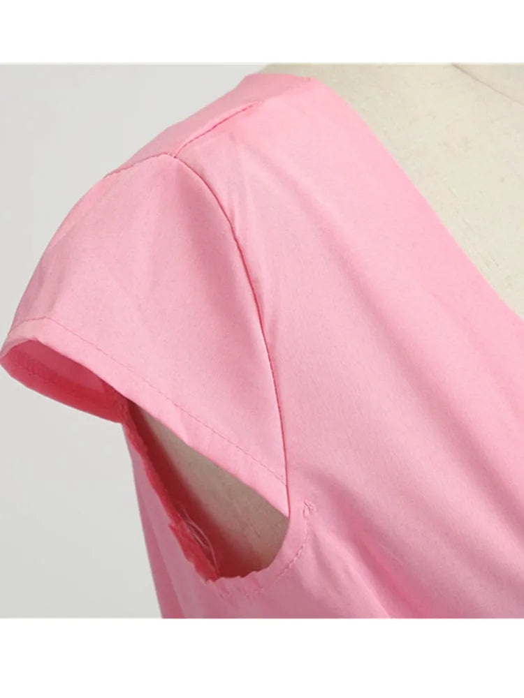 Pink Summer Dress Women V Neck Vintage Robe Elegant Retro pin up Party Office Midi Dresses