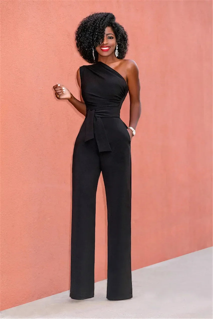 Women's Jumpsuit Solid Skew Collar Crop Top Straight Pants Belt Sexy Sleeveless Loose Pants Elegant Charming Playsuits 2024 Badiee Stylez