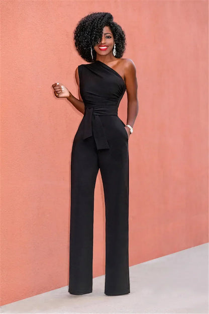 Women's Jumpsuit Solid Skew Collar Crop Top Straight Pants Belt Sexy Sleeveless Loose Pants Elegant Charming Playsuits 2024 Badiee Stylez