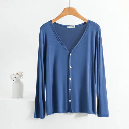 Summer Spring Modal Cardigan Long sleeves Candy colors V Neck Tshirt Open-front sun-proof clothing Air-conditioned tops blue bust-100-120cm