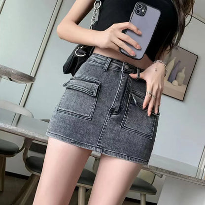 Xpqbb Summer Denim Short Skirt for Women Sexy Slim High Wiast Wrap Hip Mini Skirts Woman Korean Chic Pockets Shorts Jeans Skirt Badiee Stylez