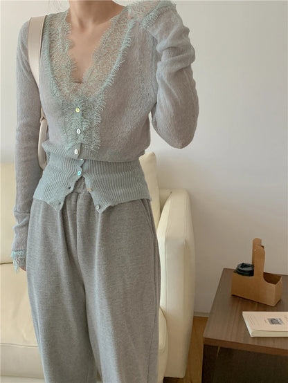 High-fashion Kawaii Botton Up Lace Patchwork Knitted Cardigan Women Autumn Winter Ladies Elegant Vintage Sweater Cheap Wholesale