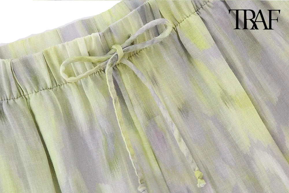 TRAF Women's single-breasted V-neck long-sleeved shirt Drawstring high-waisted wide-legged trousers Retro Printed Cotton Set