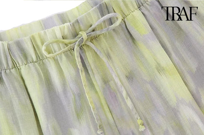 TRAF Women's single-breasted V-neck long-sleeved shirt Drawstring high-waisted wide-legged trousers Retro Printed Cotton Set