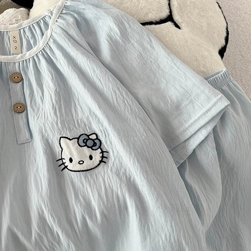 Summer New Cloud Cotton round Ne Button Sweet Cartoon Spwear Two-Piece Set Lightweight Comfortable Student Home Clothes