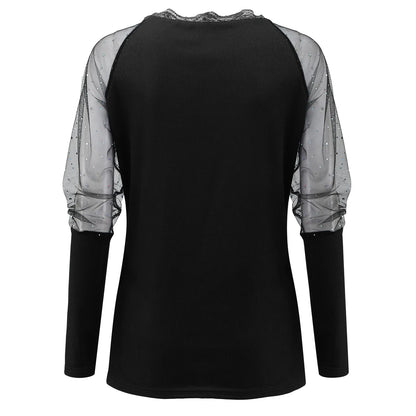 Elegant Mesh Blouse Women Slim Elastic V-neck Printed Lace Sexy Long Sleeve Top Fashion Streetwear Tops Blusas Mujer De Moda