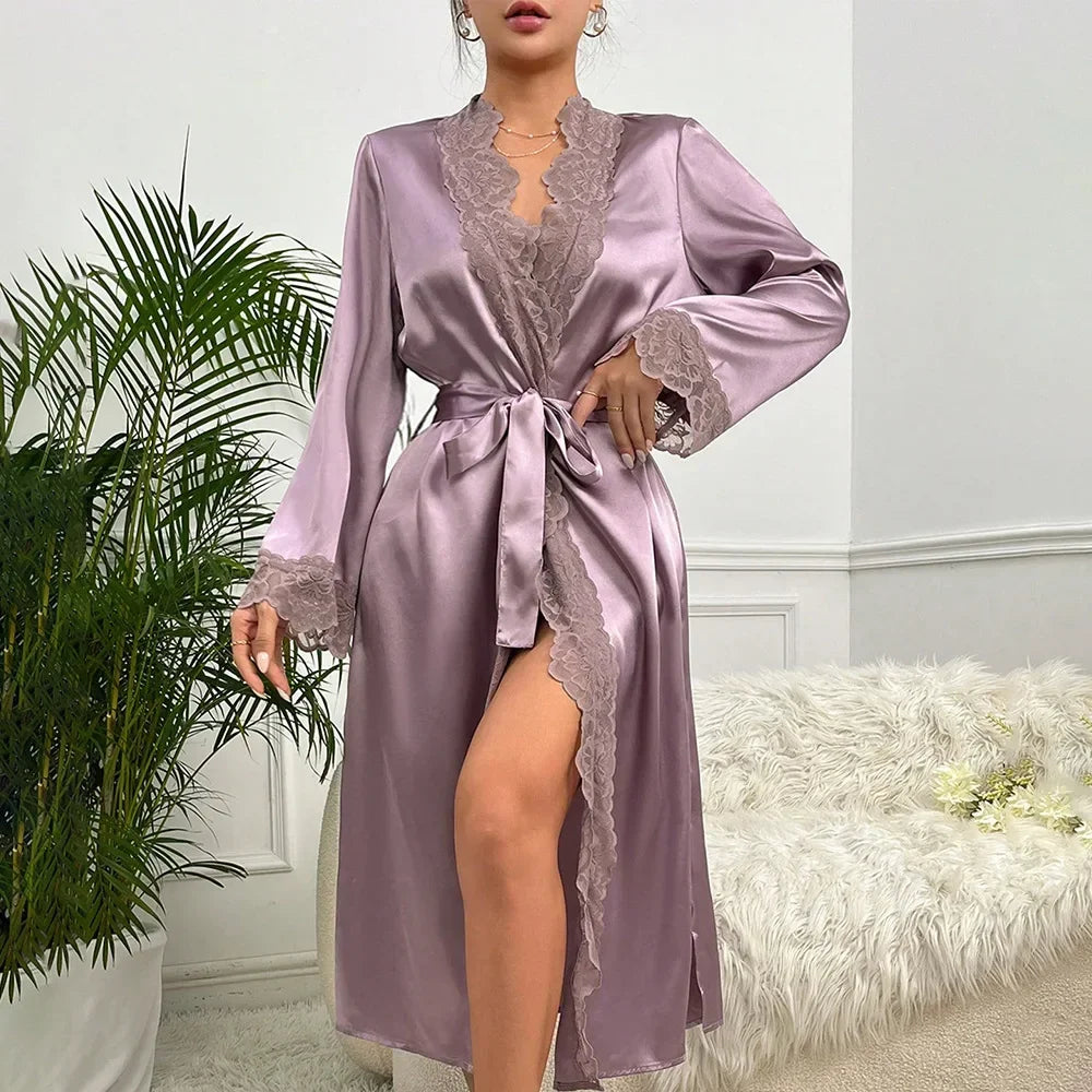 New Long Bathrobe Sexy Lace Light Luxury Long Sleeve Velvet Robe Bathrobe Bathrobe Home Wear