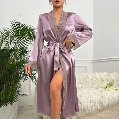 New Long Bathrobe Sexy Lace Light Luxury Long Sleeve Velvet Robe Bathrobe Bathrobe Home Wear