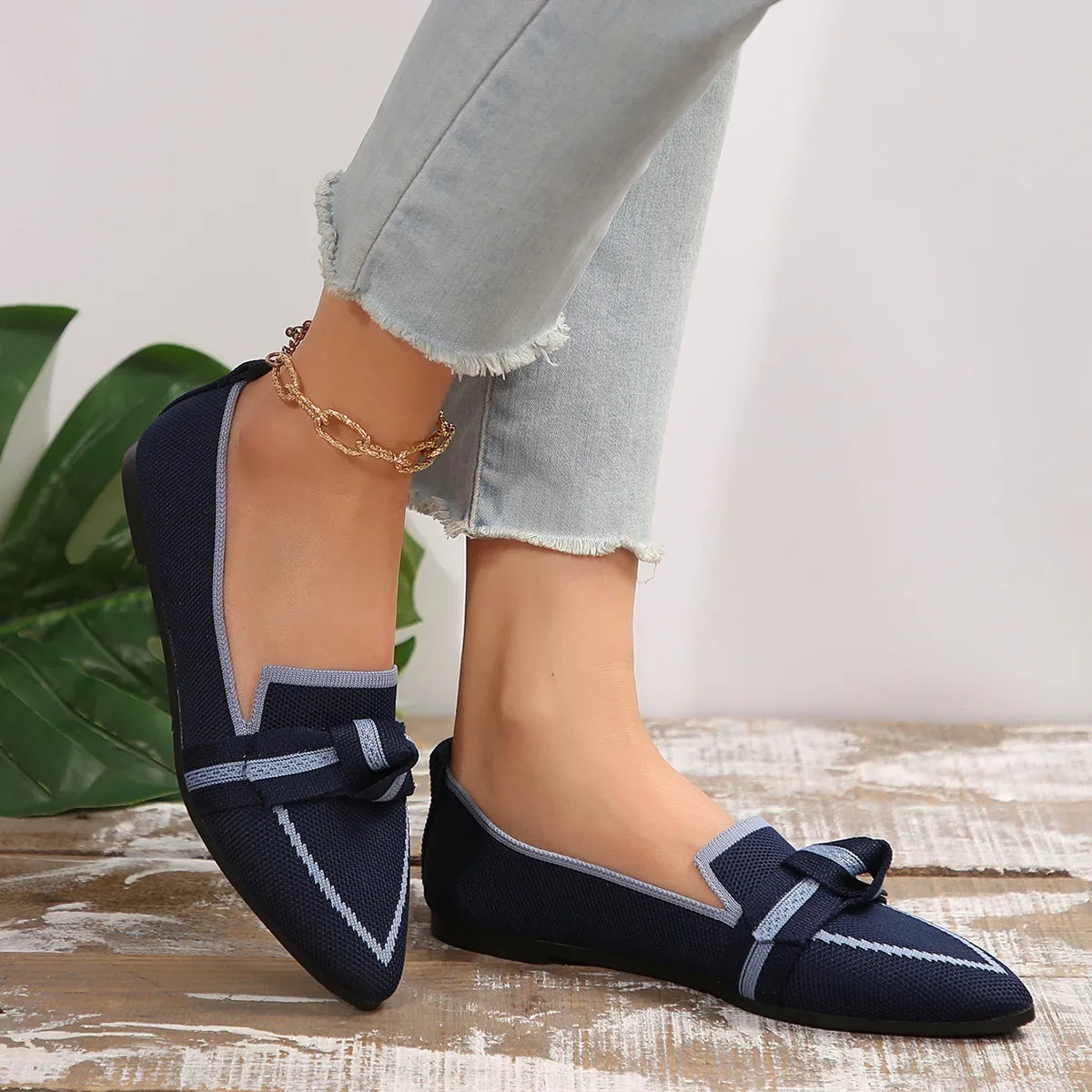 Women Flat Woven Breathable Shoes Female Spring Flats Pointed Toe Slip-on Single Shoes Woman Fashion Casual Bow Low Heel Loafers