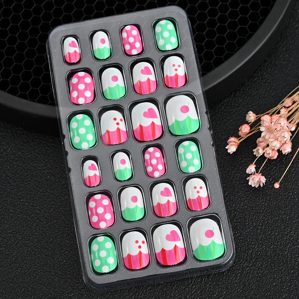 24Pcs Children Cartoon Nail Tips Colorful Cute Rabbit Pink Stars 6-14 Years old Girl Fake Nail With Jelly Glue Kids False Nail TD060-05