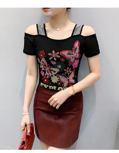 New Arrival Summer European Clothes Women's T-Shirts Chic Luxury Butterfly Hot Diamonds Tees Sexy Girl Slim Streetwear Tops